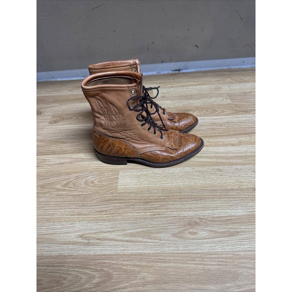 Vintage Larry Mahan Cognac Tooled Leather Lace-Up Packer Boots Women's 9M USA